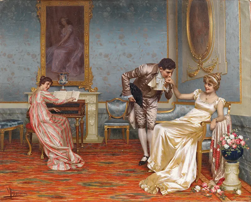A detailed depiction of a suitor in a lavish interior setting.