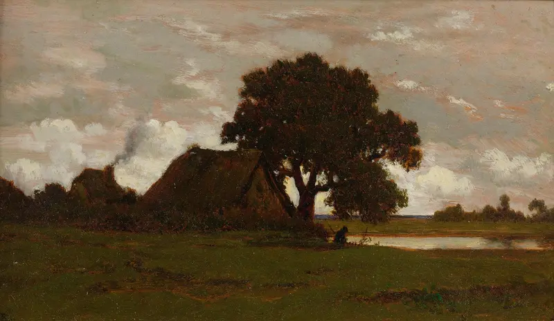 Landscape with cottages near a lake, oil on canvas by Théodore Rousseau