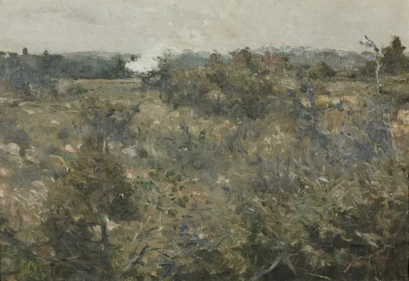 Landscape från Grez-sur-Loing by Karl Nordström, depicting a green meadow with wildflowers, oil painting.