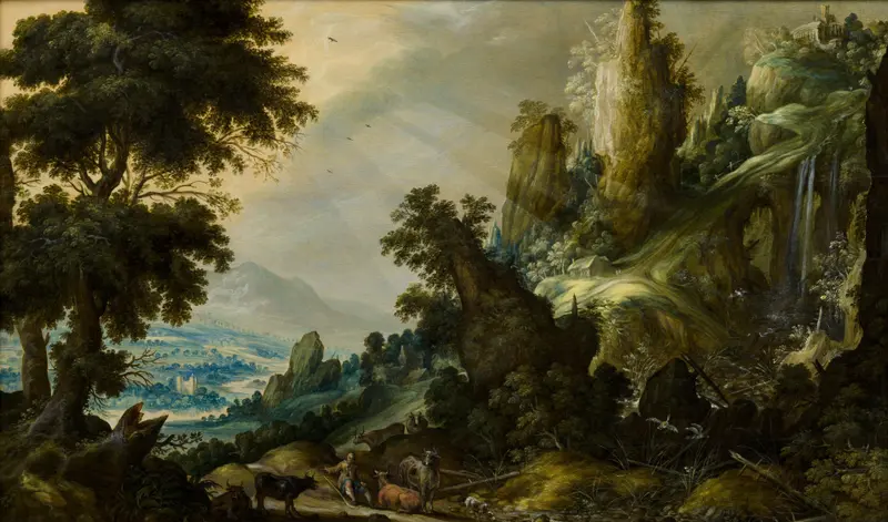 Mountain landscape with waterfall, oil on canvas by Kerstiaen de Keuninck