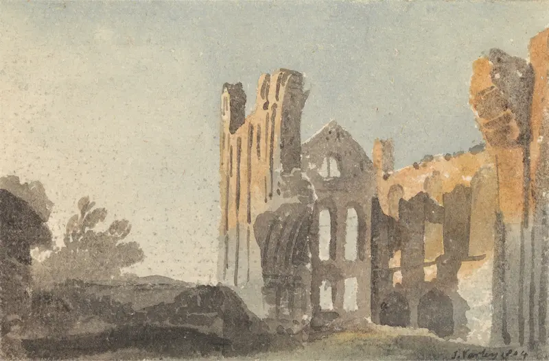 Kirkstall Abbey near Leeds by John Varley, depicting ruins and sunset light, oil painting
