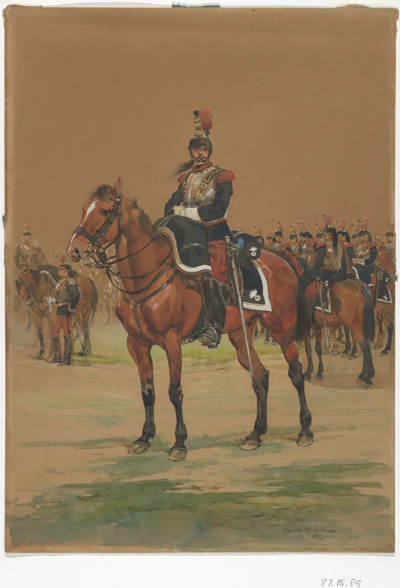 A French cuirassier in full uniform, mounted on a horse, ready for battle.