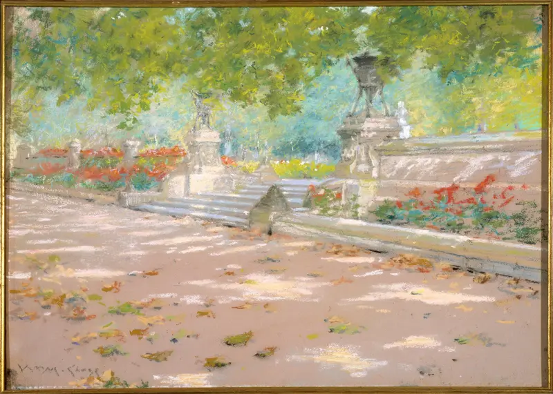 Terrace, Prospect Park by William Merritt Chase, oil painting depicting a lush park scene with figures and bright light.