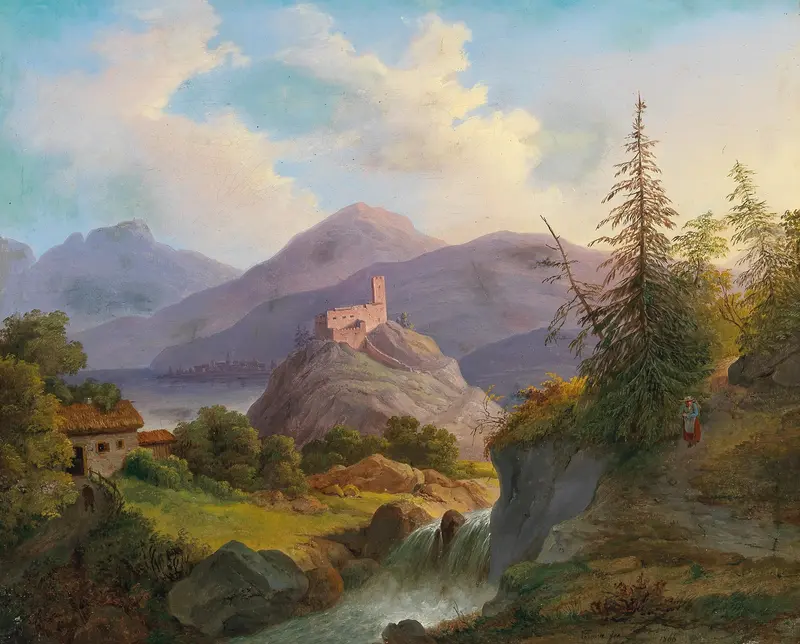 Landscape with Mountain Torrent and Castle in the Distance, oil painting by Matthias Rudolf Toma