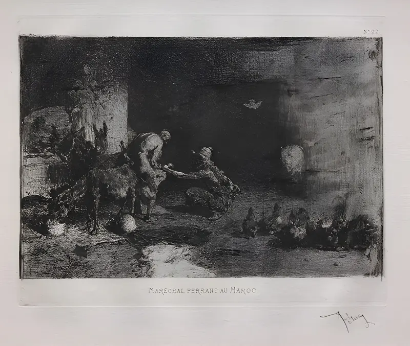 A scene depicting the shoeing of a mule in Morocco.