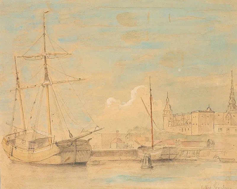 Marine scene with boats anchored near Kronborg Castle by Carl Frederik Sørensen, oil painting