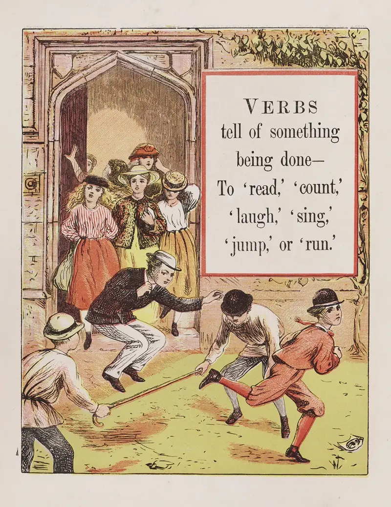 Walter Crane's 'Verbs' showcases a vibrant illustration of dynamic action.