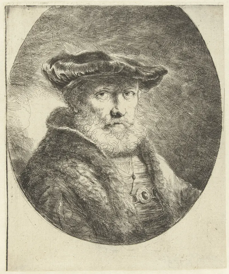 Portrait of an old man with a blue baret, etching by Ferdinand Bol