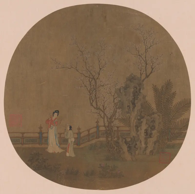 Woman in silk with a servant in a palace garden, silk, unknown artist