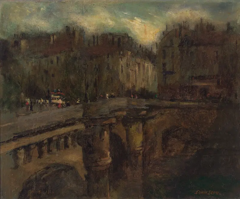 L’ Heure Bleu à Paris by Frank Edwin Scott, oil on canvas depicting a serene twilight landscape
