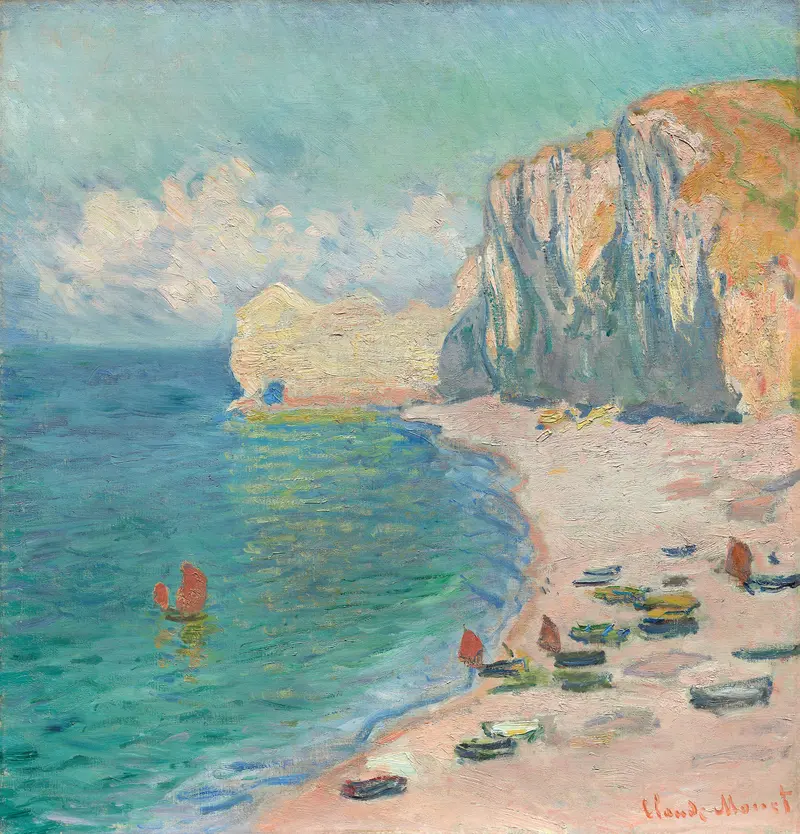 Étretat, The Beach and the Falaise d’Amont by Claude Monet, oil painting depicting crashing waves and cliffs