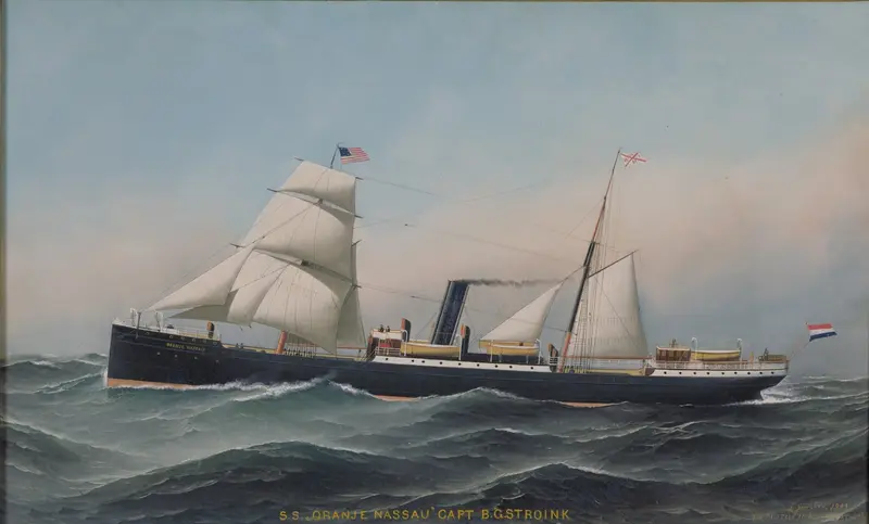 A proud steamship, the Oranje Nassau, sails through green waves with billowing sails and smoke, embodying maritime progress.