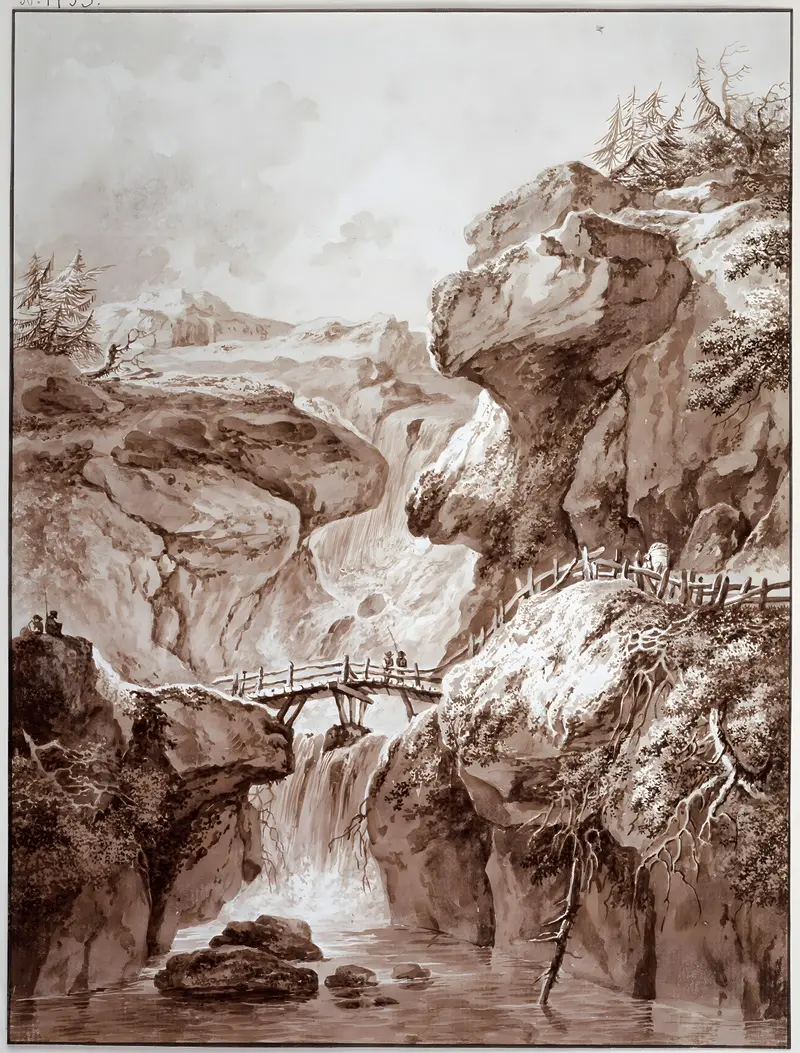 Wasserfall in einer Felsenschlucht, oil on canvas by Johann Heinrich Wüest, depicting a waterfall in a rocky gorge.