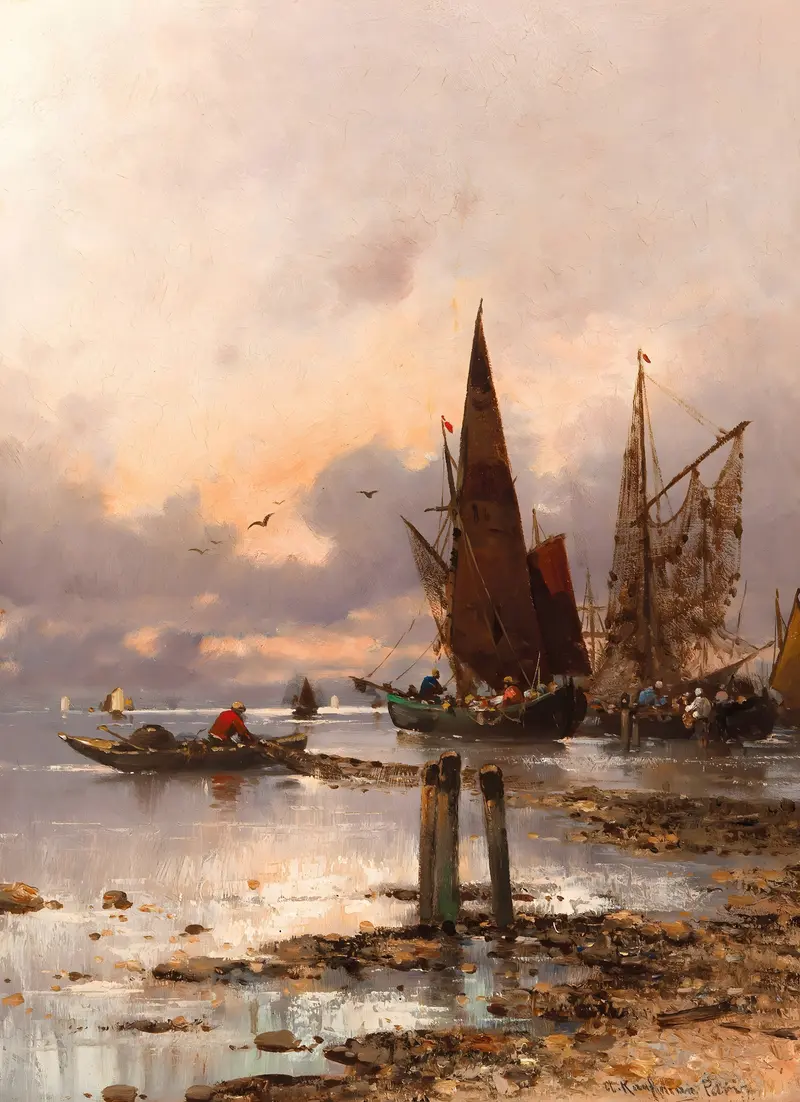Oil painting by Adolf Kaufmann depicting a sunset over the sea with warm and cool hues.