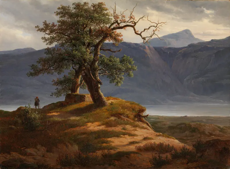 Landscape with a Wanderer, oil painting by Thomas Fearnley showing a solitary figure at sunset