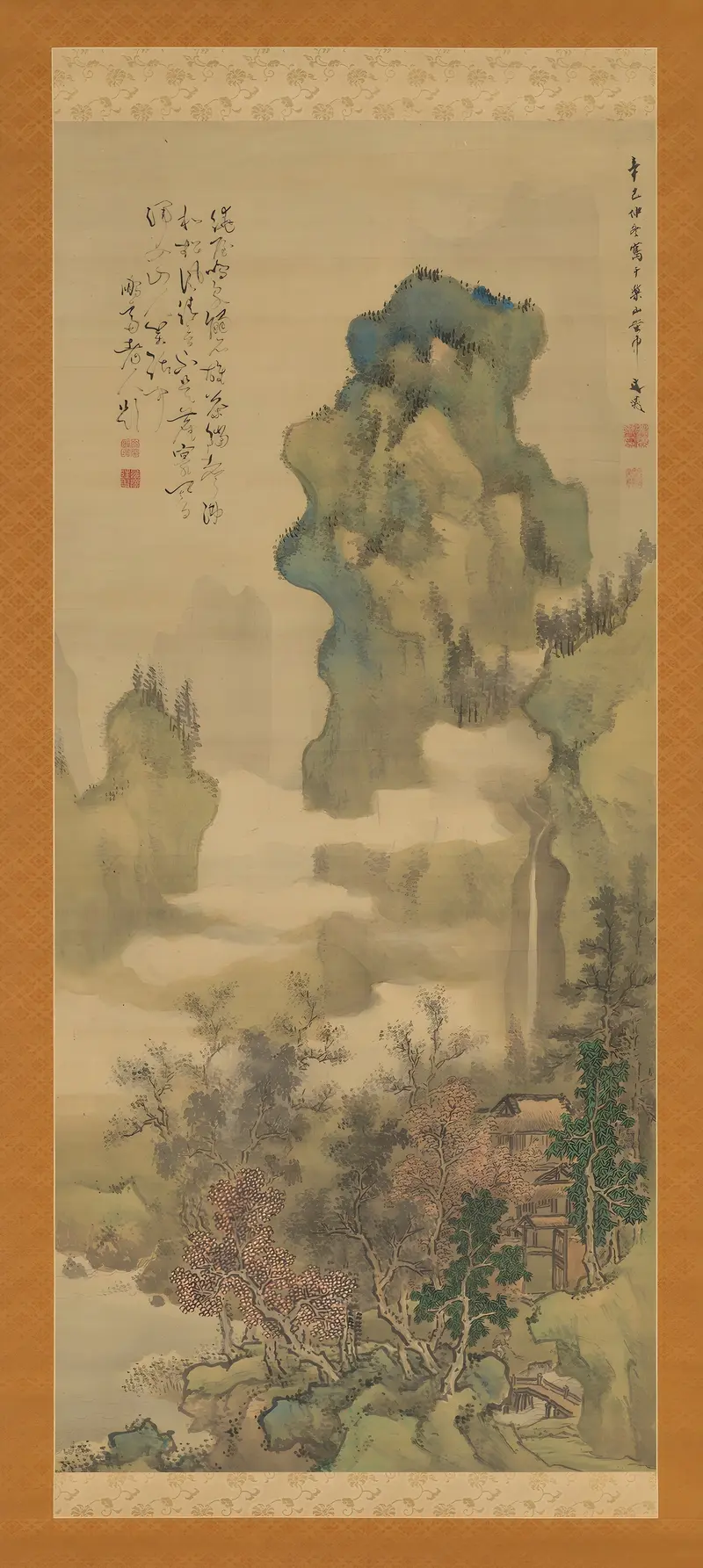 Ukiyo-e landscape by Tani Bunchō depicting an autumn valley with trees and warm hues.