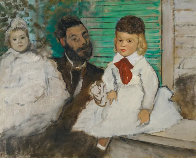 A bearded man in a dark suit sits between two young girls in white dresses, with green shutters and foliage behind them.
