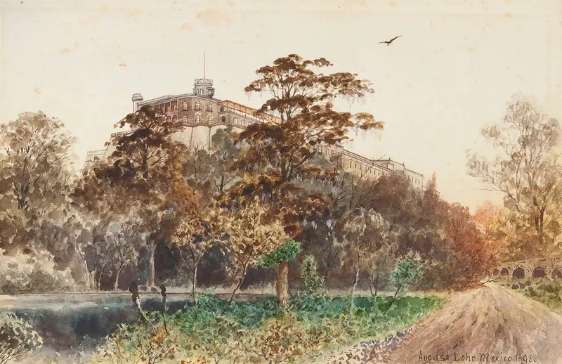 Castillo De Chapultepec by August Löhr, oil on canvas depicting a castle on a hill surrounded by trees and sunlight.