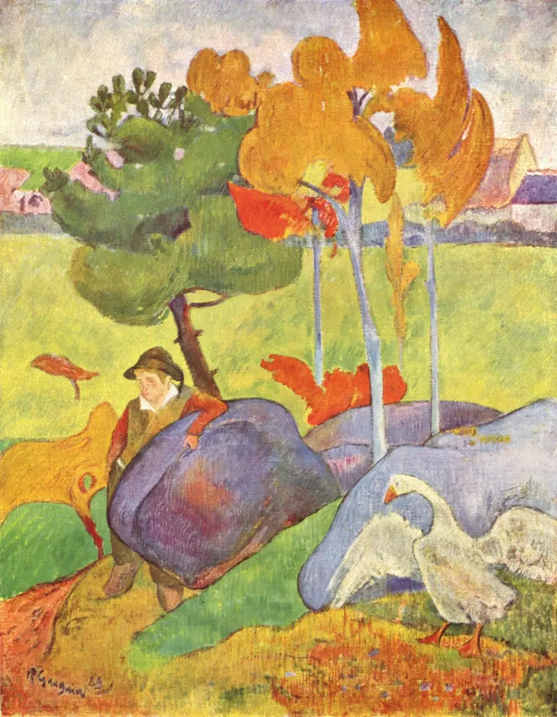 Figurative oil painting by Paul Gauguin showing a boy holding a goose