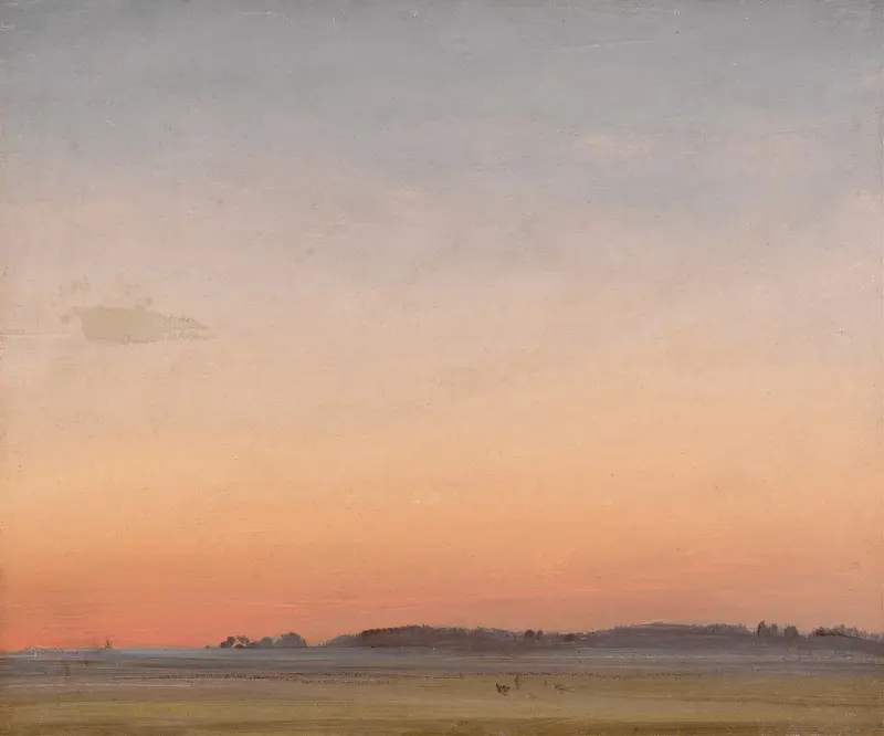 Landscape by Carl Rottmann, oil painting depicting rolling hills and a vivid sky.