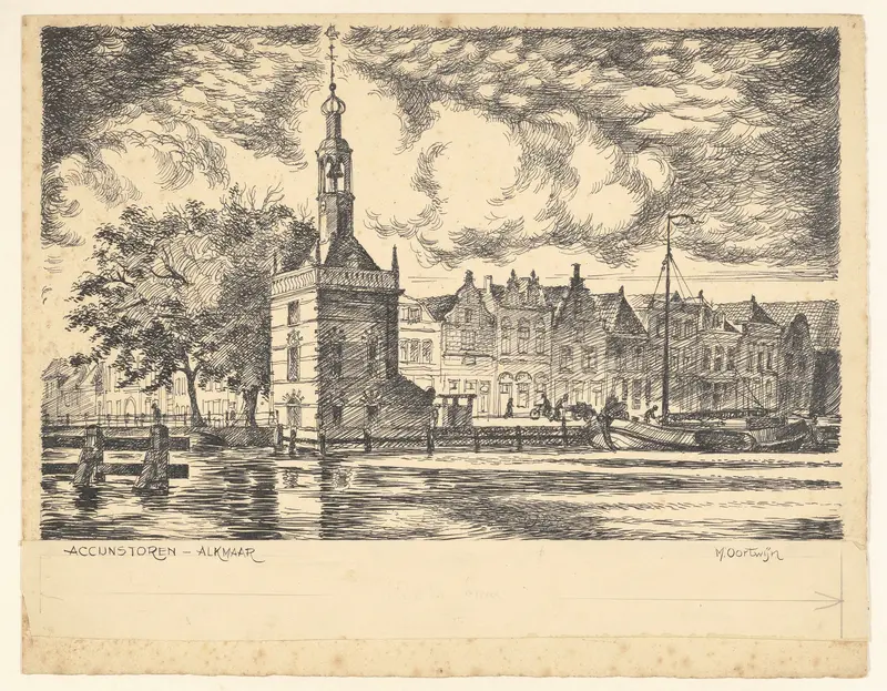 Landscape of Gezicht op de Accijnstoren aan de Bierkade by Maarten Oortwijn, oil on canvas