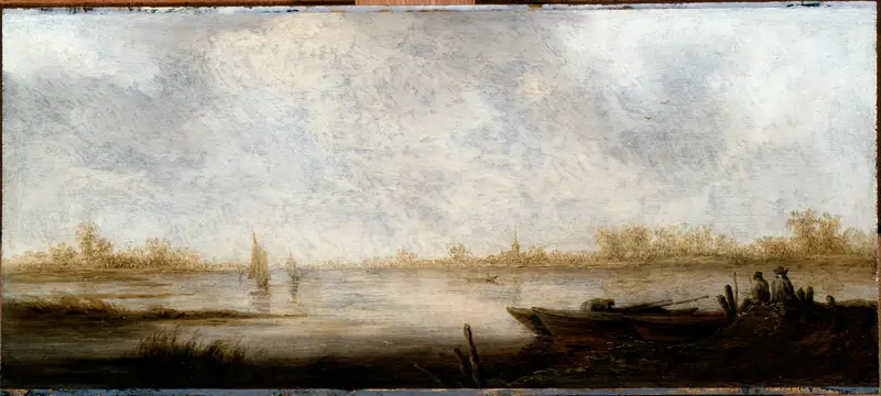 River landscape oil painting by Aelbert Cuyp featuring reflections and distant hills.