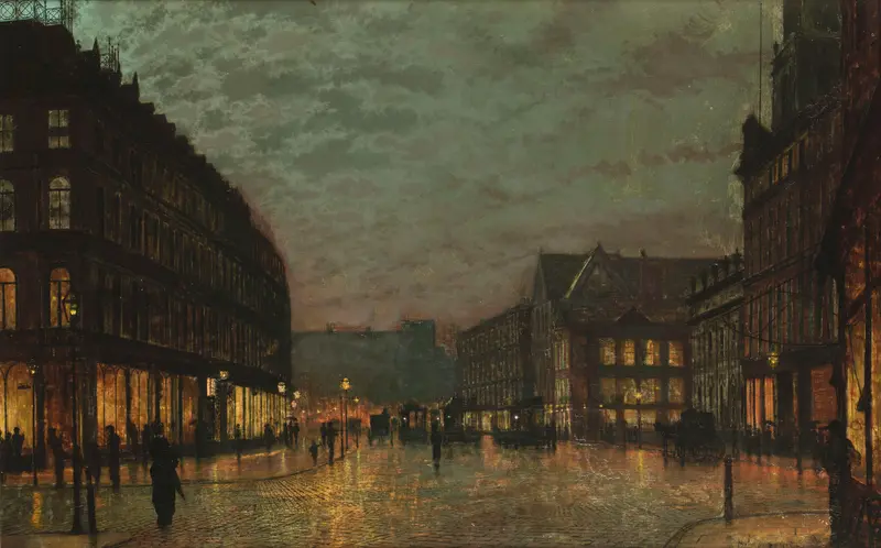 Boar Lane, Leeds by lamplight, oil on canvas by John Atkinson Grimshaw
