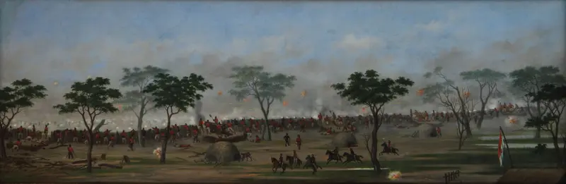 Historical scene with soldiers in chaos, oil on canvas by Cándido Lopez