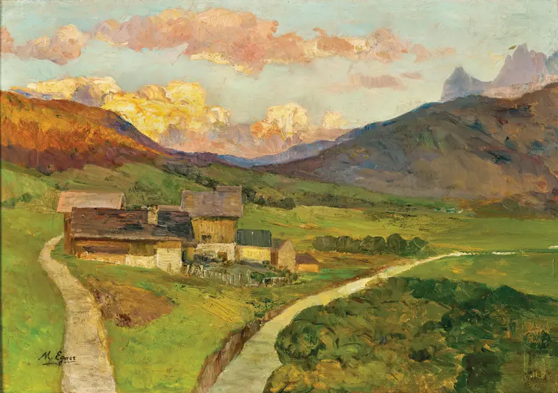 Twilight landscape with clouds and golden light by Marie Egner, oil on canvas