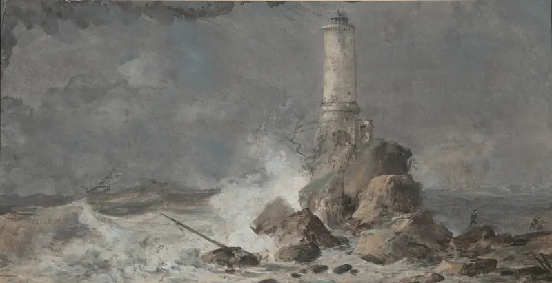 The Lighthouse by Louis Gabriel Moreau, depicting a lighthouse amidst a turbulent ocean, oil painting