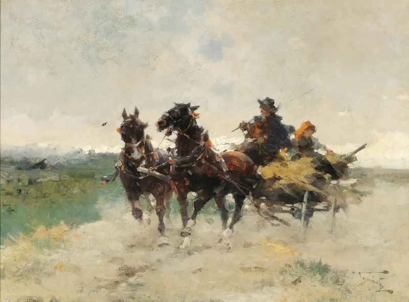 Returning Home From The Fields by Alfredo Tominz, oil on canvas depicting a laborer silhouetted against dusk.