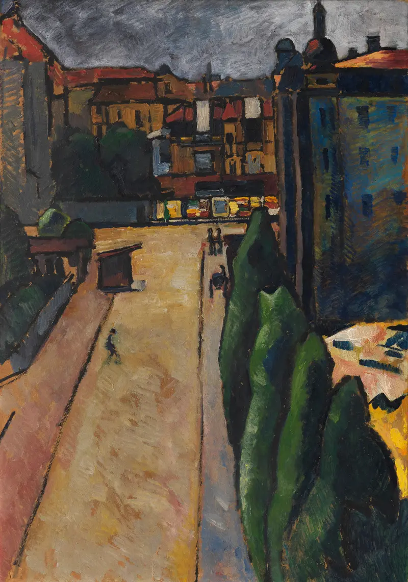 Genre scene depicting figures in an urban landscape, oil painting by Alexander Kanoldt
