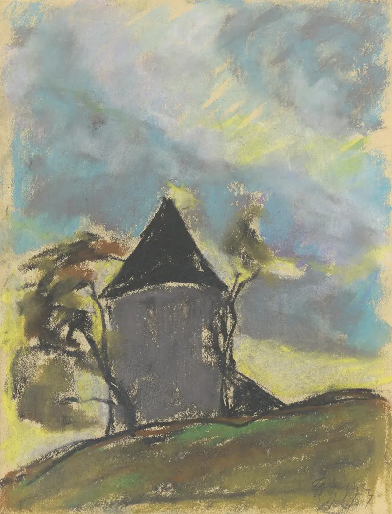 Landscape with a Tower by Zolo Palugyay, oil painting depicting a tower in a serene landscape.