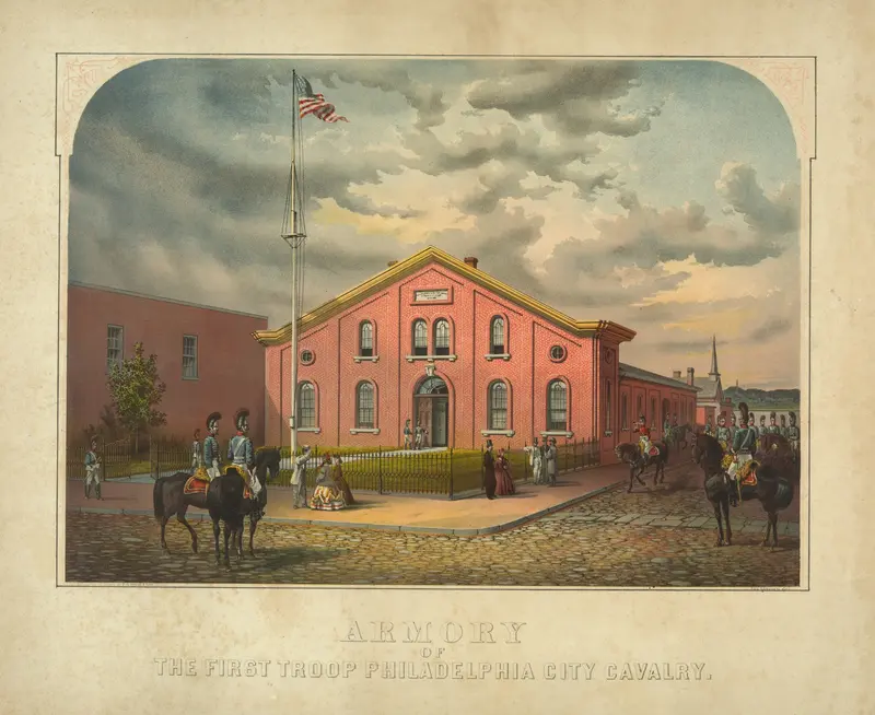 Armory of the First Troop Philadelphia City Cavalry lithograph by James Fuller Queen