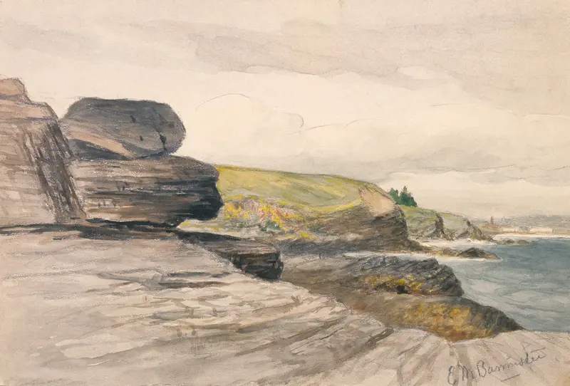 Marine scene with gentle waves and distant figures by Edward Mitchell Bannister, oil painting