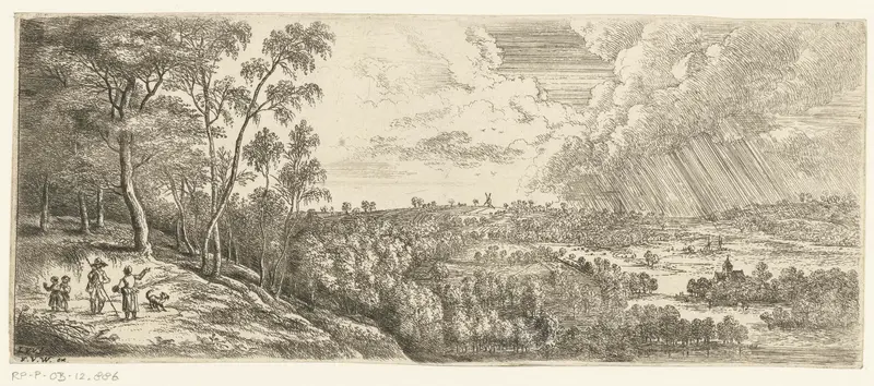 Landschap met een regenbui by Lucas van Uden, etching depicting a stormy landscape with dark clouds