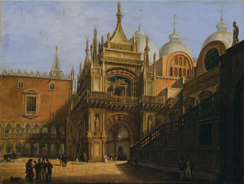 Der Hof des Dogenpalastes by Tranquillo Orsi, oil painting depicting figures and architecture