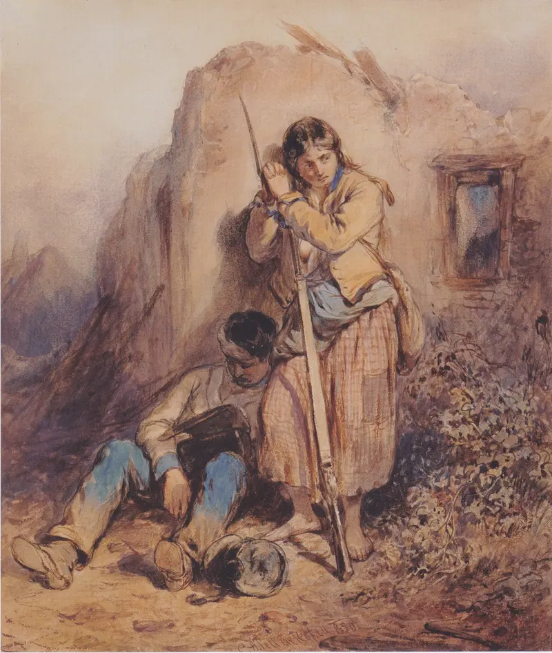 Two soldiers resting against a ruined wall, one reading a book, the other leaning on a rifle, surrounded by a dusty landscape.