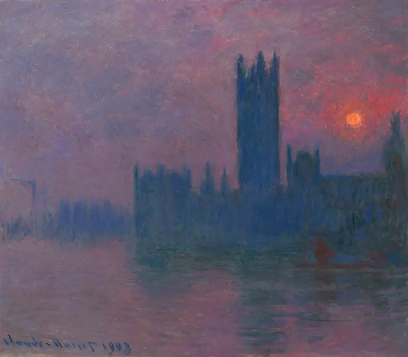 A deep blue silhouette of the Houses of Parliament stands against a violet and pink sky with a glowing orange sun near the horizon.