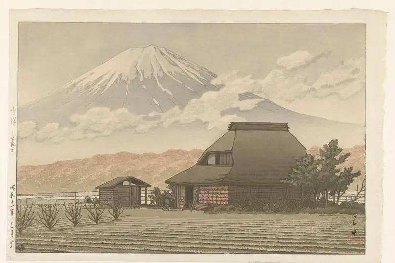 Landscape of Mount Fuji and Narusawa village, Ukiyo-e by Kawase Hasui