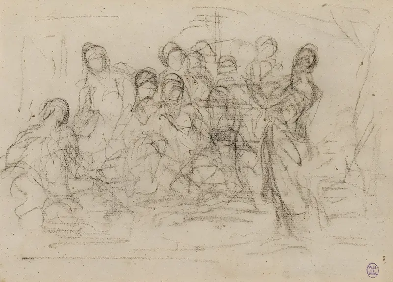 This painting depicts a lively scene with numerous characters engaged in various activities.