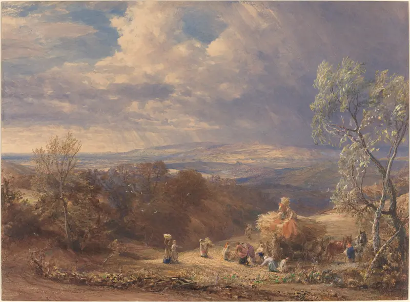 Harvesting by Samuel Palmer, oil on canvas depicting a twilight landscape with gentle hills.