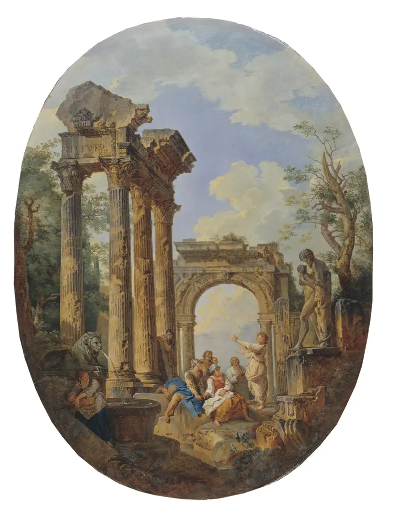 Roman Ruins by Giovanni Paolo Panini, oil on canvas, featuring ancient pillars and sunlight.