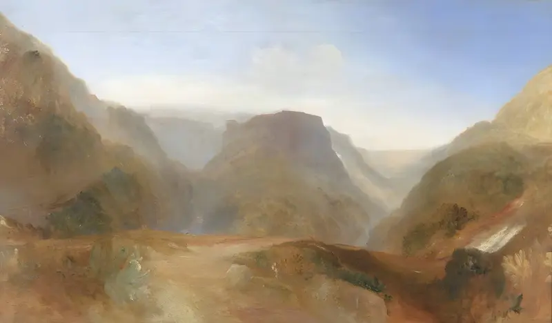 A depiction of Civita di Bagnoregio, showcasing its sunlit buildings atop a tufa plateau.