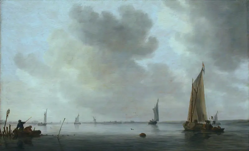 Fishing Boats off an Estuary, oil on panel by Jan van Goyen, depicting boats on calm water under cloudy skies