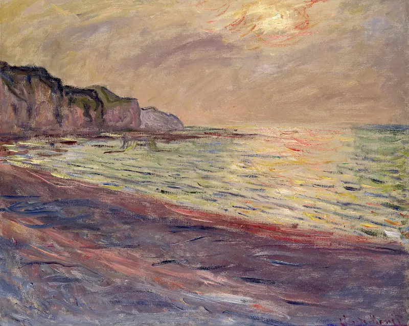 A sunset view over the beach in Pourville, painted by Claude Monet.