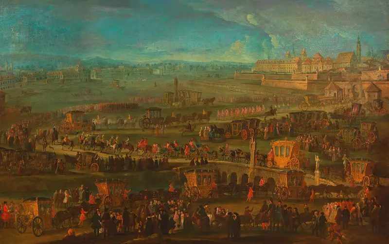 Historical scene of the French ambassador's entry in Vienna, oil on canvas by Unknown Artist