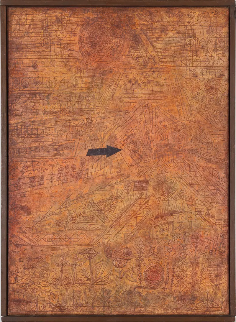 Paul Klee's 'Pfeil im Garten' features vibrant colors and abstract forms in a garden setting.