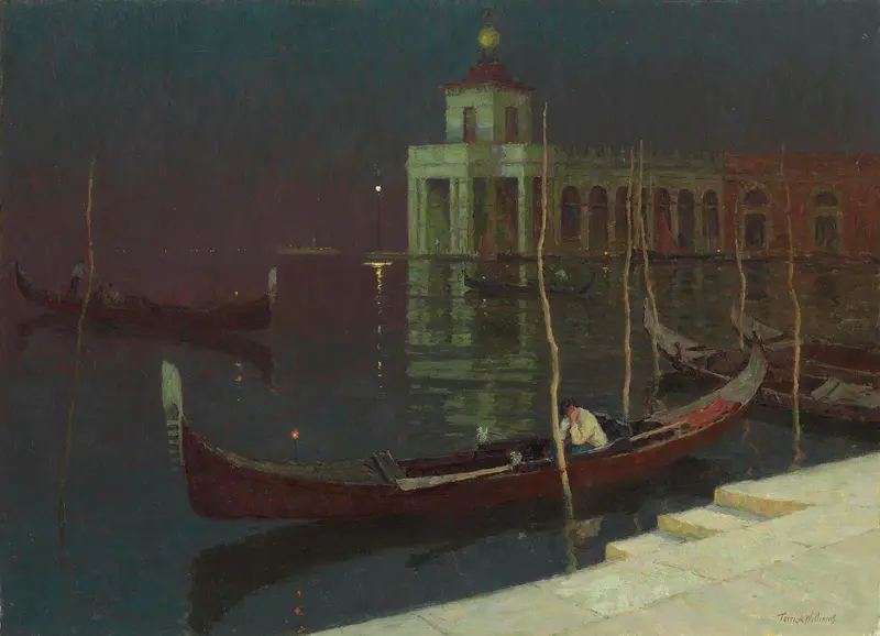 Night, Venice by Terrick Williams, oil on canvas depicting a twilight landscape with water reflections.