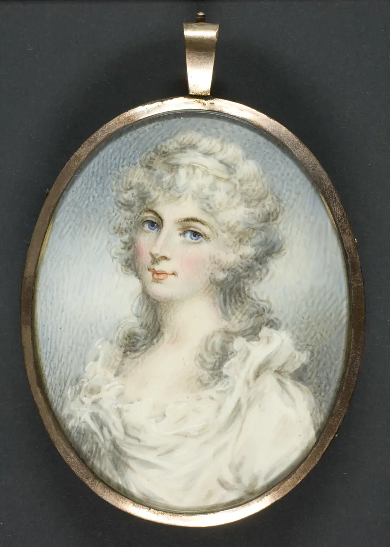 Portrait of a woman in white dress, ivory medium, by English
